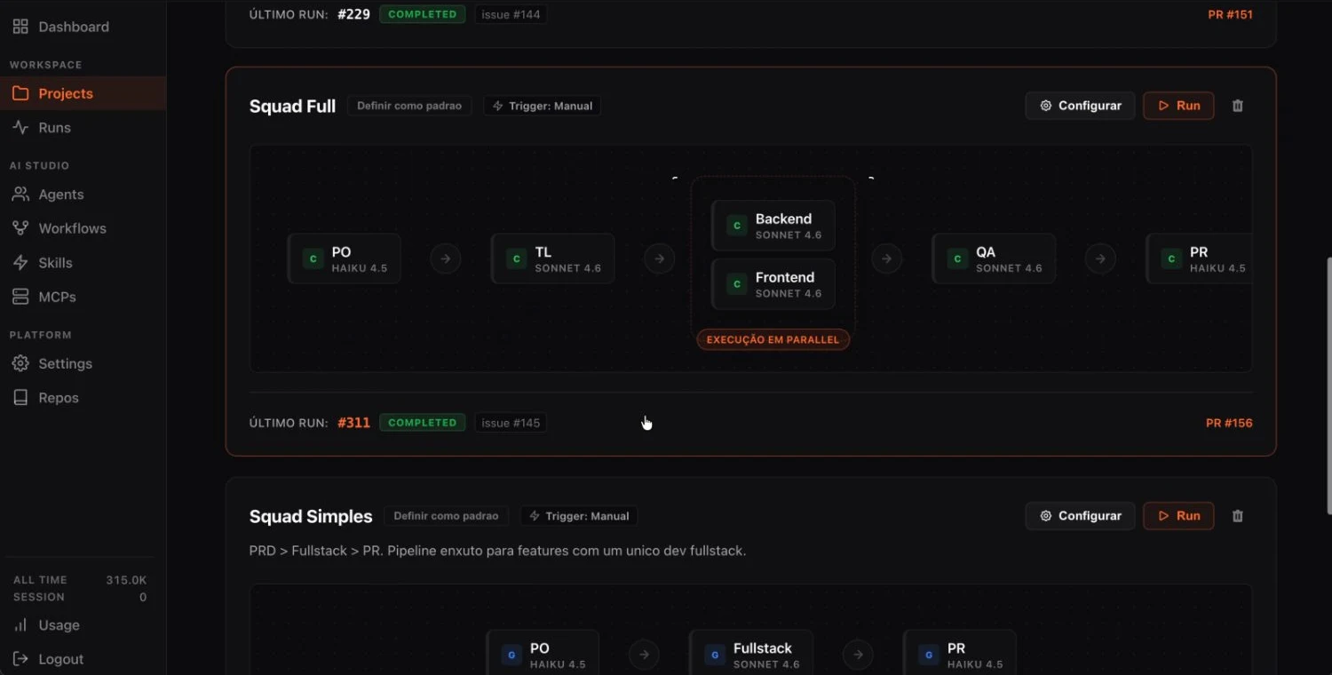 Tela do Fusion Agents: pipeline de uma squad com os agentes de PO, tech lead, back-end, front-end e QA encadeados, e back-end e front-end marcados como execução em paralelo.